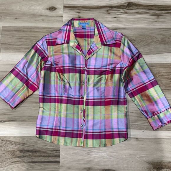 The Denim Tailor Silk Plaid Multicolored Button Up Blouse Top Women’s 6 - Picture 1 of 3